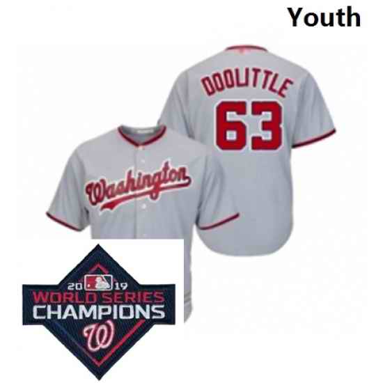 Youth Washington Nationals 63 Sean Doolittle Grey Road Cool Base Baseball Stitched 2019 World Series Champions Patch Jersey